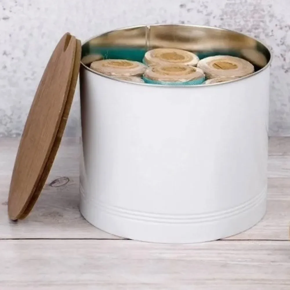NWT New & Sealed White Metal Aluminum with Wood Lid Storage Container Canister